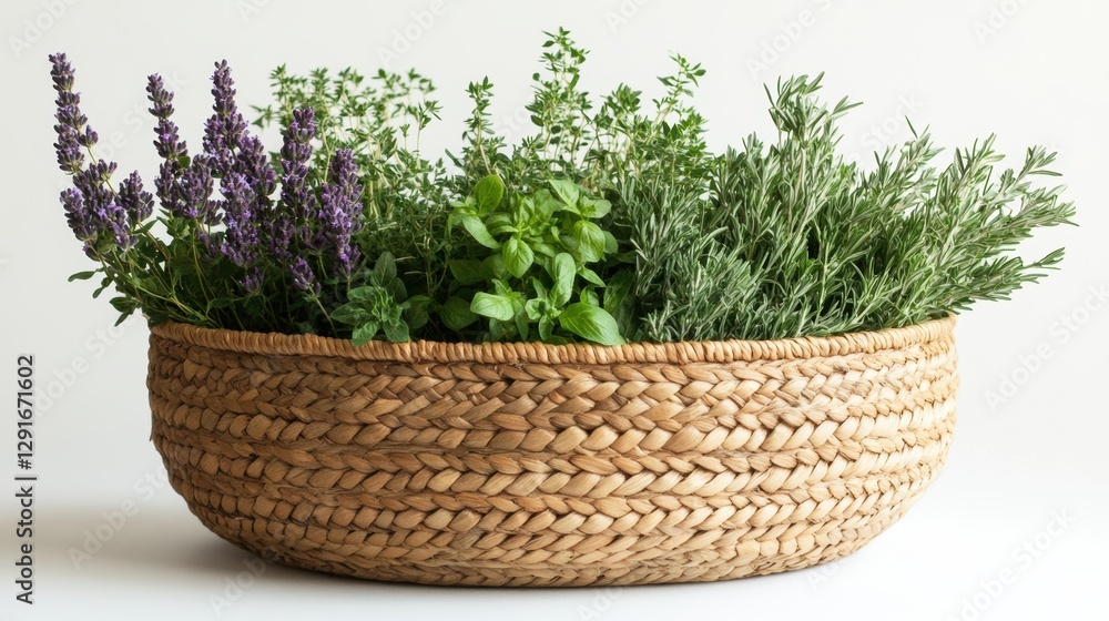 Fresh Herbs in a Decorative Basket with Greenery and Purple Flowers for Culinary Use and Decor Fresh Herbs in a Decorative Basket with Greenery and Purple Flowers for Culinary Use and Decor
