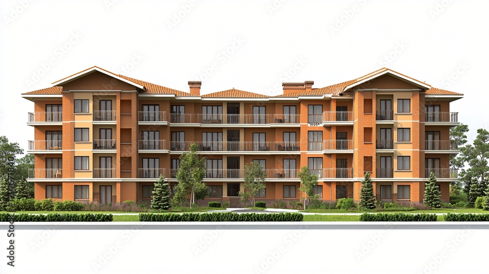 Fototapeta premium Suburban apartment building, landscaping, sunny day, architectural rendering