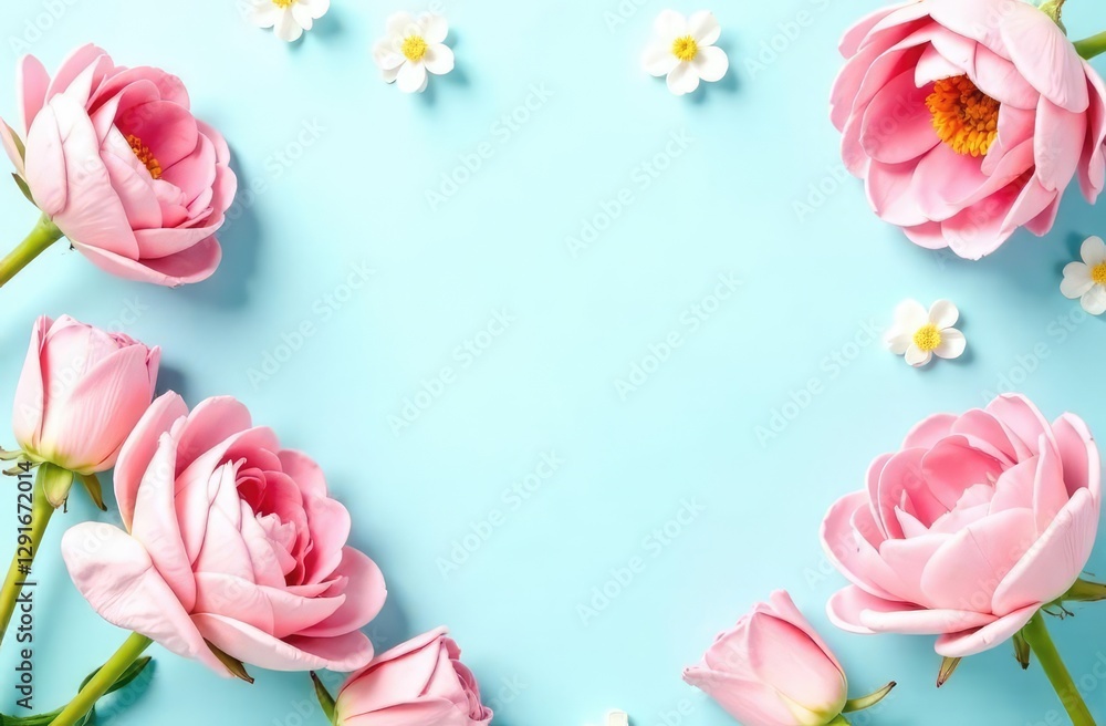 Obraz premium Flat lay composition with beautiful flowers and space for text on light blue background. Floral card design