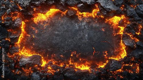A fiery lava rock frame with glowing embers and cracks