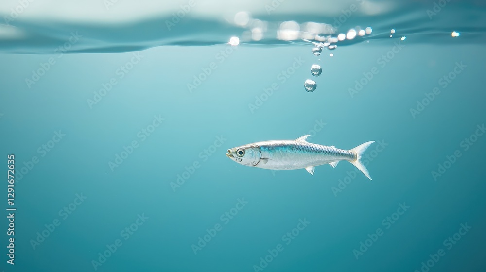 Fototapeta premium Shimmering Scales of Mackerel Underwater with Reflections and Bubbles in Clear Aquatic Environment