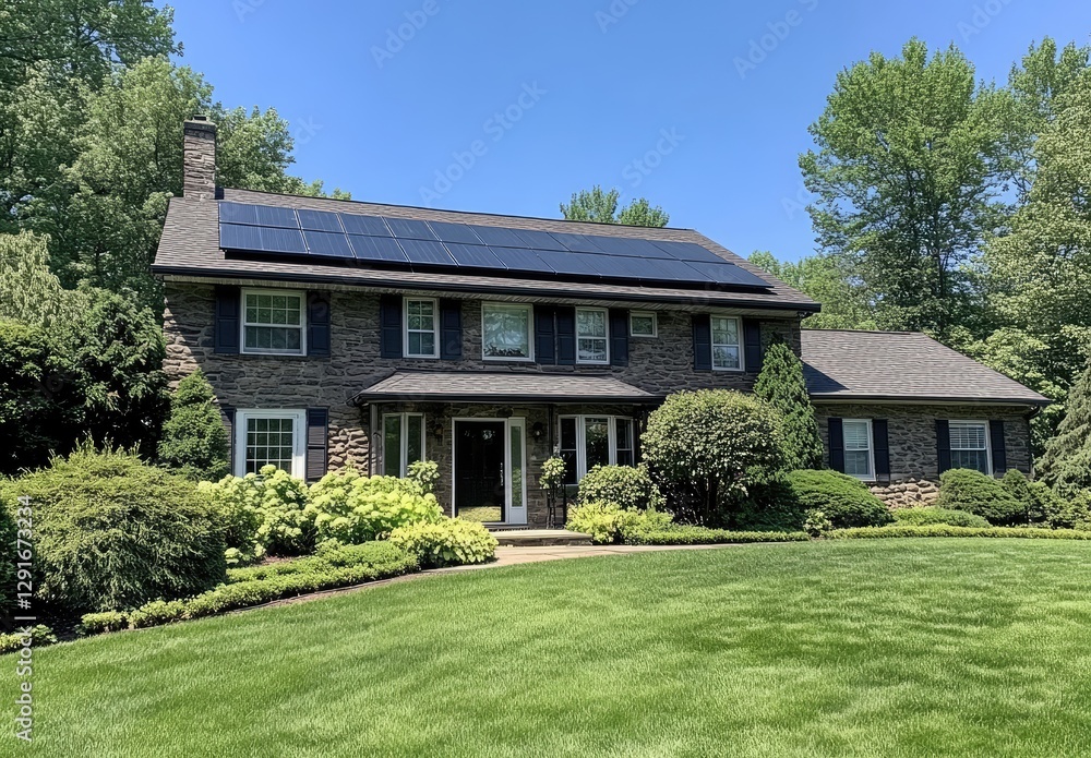 the exterior front view of an upscale home, with lush green grass and well-maintained landscaping. the exterior front view of an upscale home, with lush green grass and well-maintained landscaping.