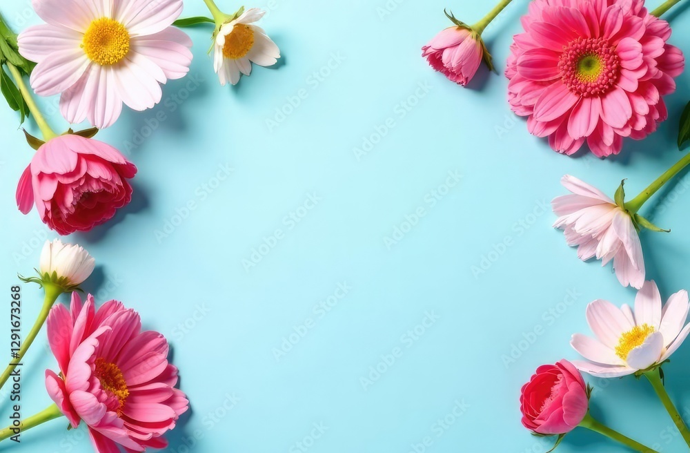 Flat lay composition with beautiful flowers and space for text on light blue background. Floral card design Flat lay composition with beautiful flowers and space for text on light blue background. Floral card design