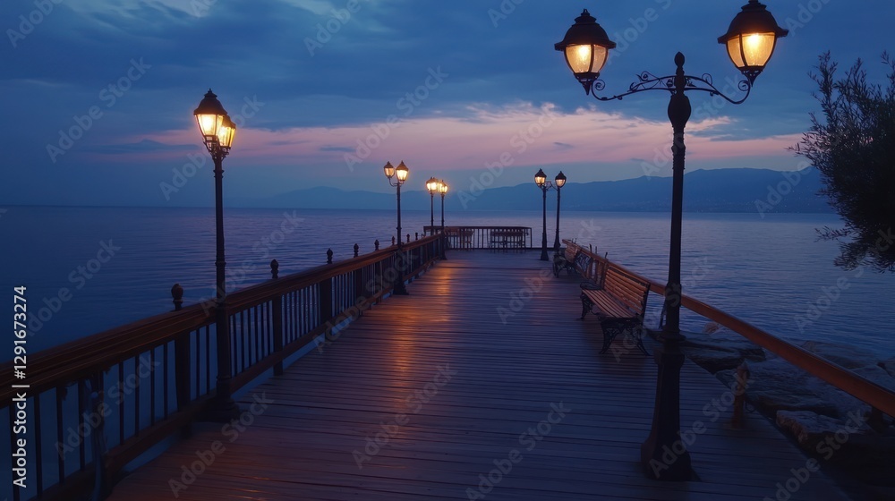 Serene lakeside pier at dusk; calm water, mountains, lit lamps. Romantic travel Serene lakeside pier at dusk; calm water, mountains, lit lamps. Romantic travel