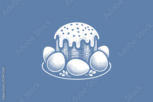 Vintage white engraving of an Easter cake with eggs on blue