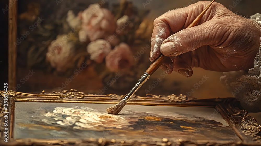 Obraz premium Artistic Touch: A close-up view of a skilled hand delicately holding a paintbrush, adding the final strokes of color to an oil painting, showcasing the artist's dedication and the creative process.
