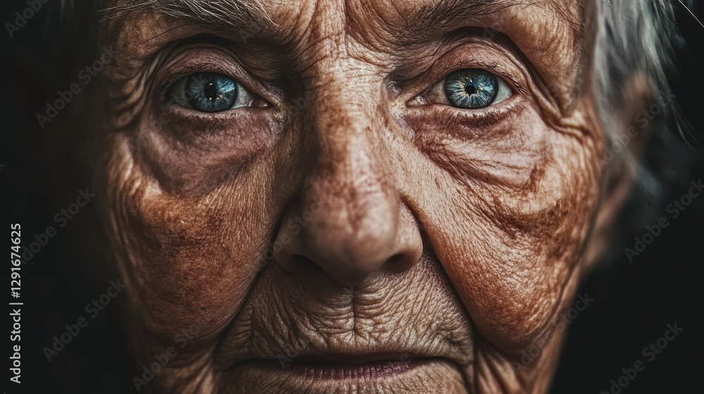 Close-up of an elderly person's face showcasing deep wrinkles and striking blue eyes in natural light Close-up of an elderly person's face showcasing deep wrinkles and striking blue eyes in natural light