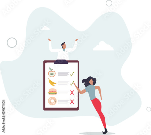 Male nutritionist is consulting patient in clinic.Dietician advise for weight loss. Meal plan healthy eating on clipboard.flat character life .
