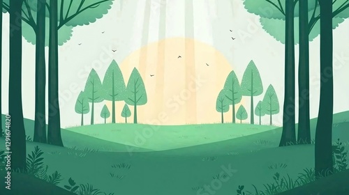 Sunrise forest glade, calm nature scene, background for website design