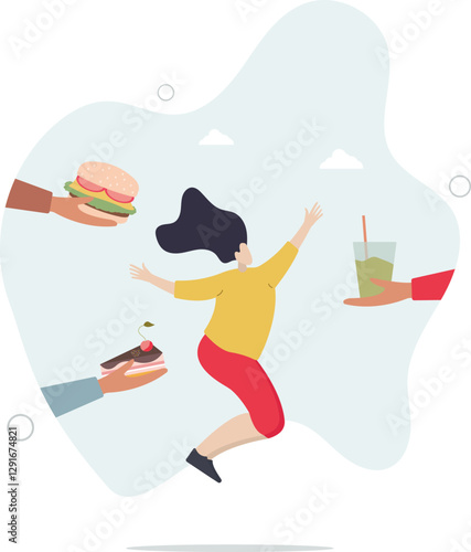 Healthy and unhealthy food. Girl offered vegetables and sweets. Difficult choice between active and sedentary lifestyle,flat character life .