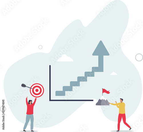 Goal setting for measurable business target achievement .Smart strategy and plan for successful objective reaching .flat character life .