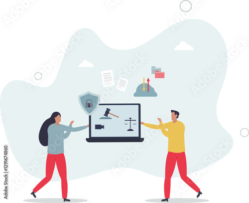 Court services online and tech usage for legally purposes .Technology for lawyer, judge and attorney information upload or download from cloud.flat character life .