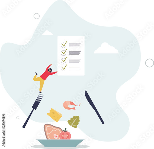 Healthy meal planning with daily food ingredients list .Weekly eating schedule with plan for slimming.flat character life .