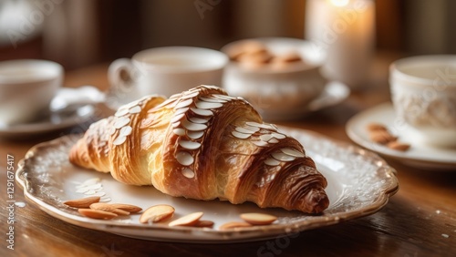 A freshly baked croissant topped with almond slices is placed on an ornate plate. The background features cups of coffee and a lit candle, creating a cozy and inviting breakfast scene
