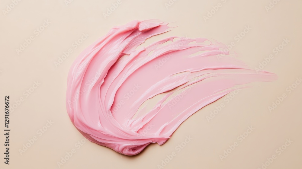Obraz premium Soft pink cream spread artistically on a smooth beige surface, showcasing beauty and texture in skincare or cosmetic application