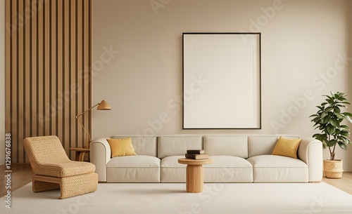 Contemporary living area with white sofa, yellow pillows, rattan armchair, wooden coffee table, lamp, plant, on beige wall & light rug.