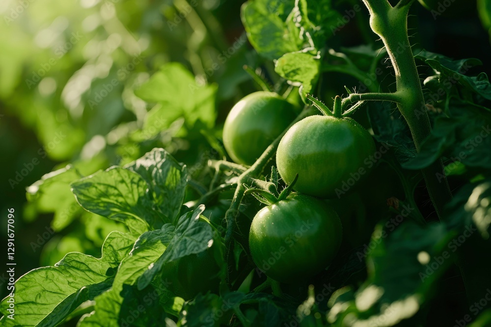 Green tomatoes ripening on vine in sunlit garden, close-up for agriculture Green tomatoes ripening on vine in sunlit garden, close-up for agriculture