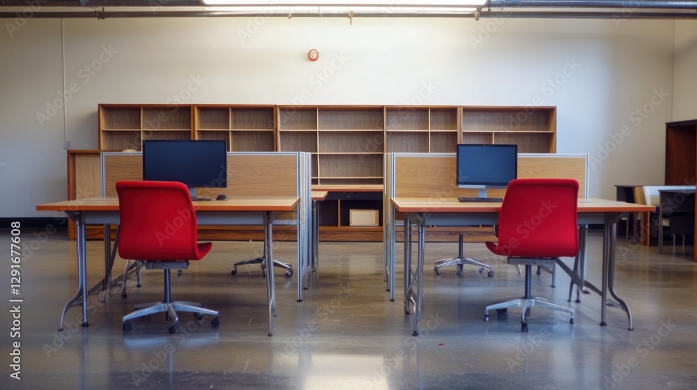 Fototapeta premium Empty modern office workspace with red chairs