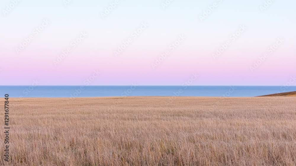 Sunrise over a golden wheat field overlooking the ocean. Possible use Stock photo Sunrise over a golden wheat field overlooking the ocean. Possible use Stock photo