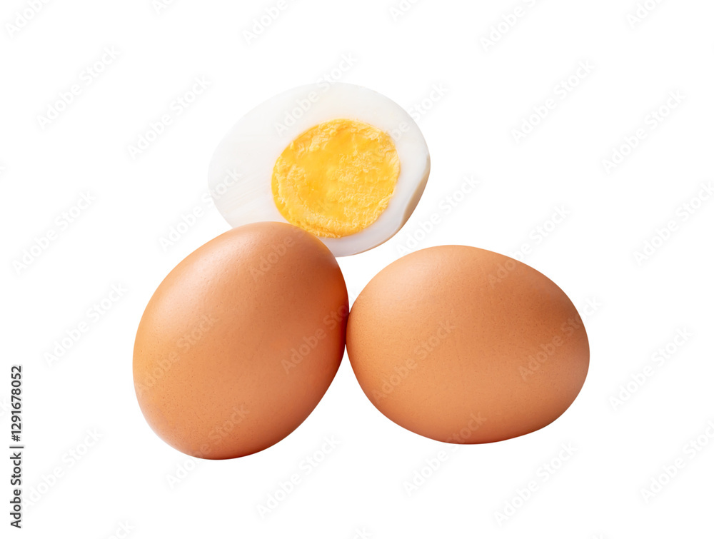 Top view set of two raw chicken eggs and cooked or boiled egg with egg yolk in one half isolated on white background with clipping path Top view set of two raw chicken eggs and cooked or boiled egg with egg yolk in one half isolated on white background with clipping path