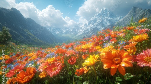 Vibrant flower field blooms in majestic mountain landscape nature photography scenic view serene environment