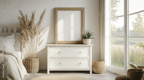 Mock-up frame standing on a white dresser in a cozy bedroom, natural rattan decor elements, soft beige bedding, potted plants, large windows with natural light, 3D render.