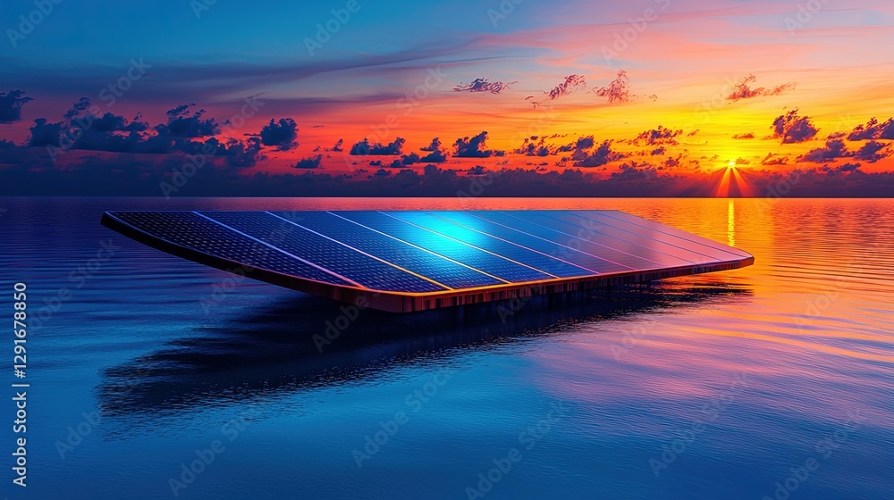 Solar Panel on Floating Platform Against Vibrant Sunset Over Calm Ocean Waters Solar Panel on Floating Platform Against Vibrant Sunset Over Calm Ocean Waters