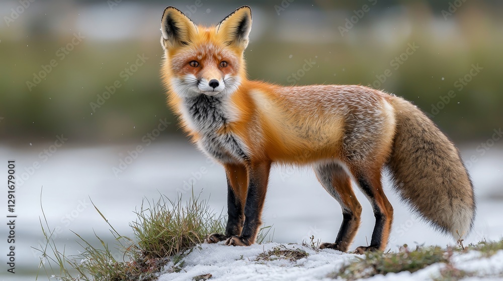 Obraz premium Red fox in snowy landscape wildlife photography natural habitat close-up animal behavior