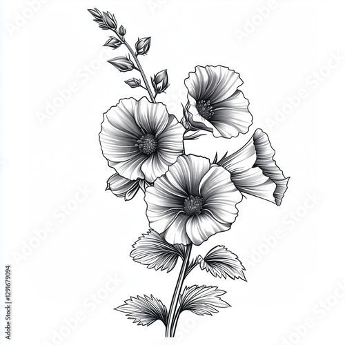 Hollyhock flower. Engraving sketch black and white