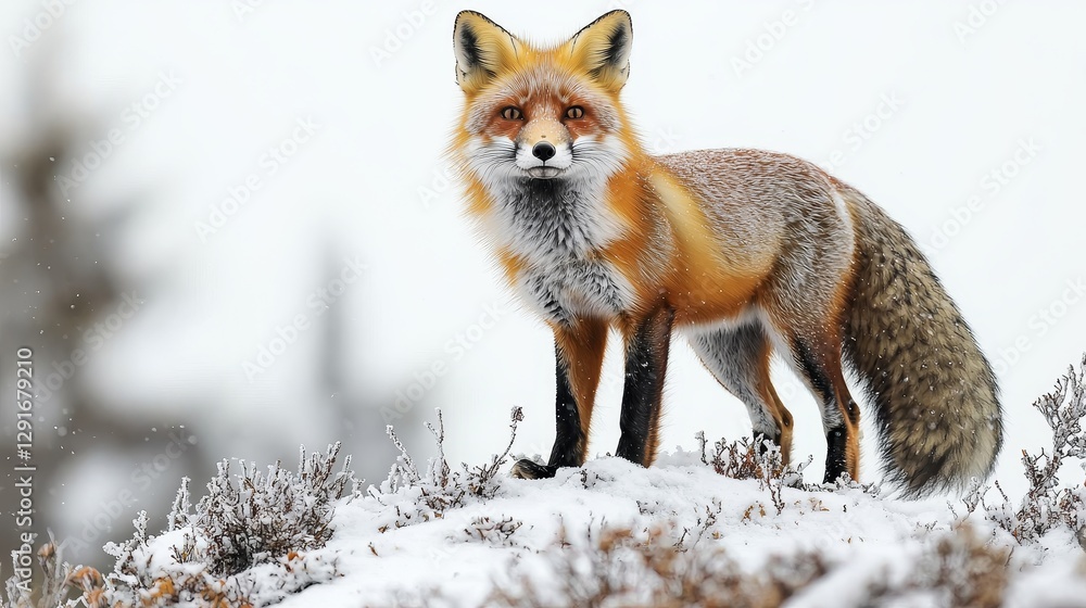 Fototapeta premium Wild red fox standing on snowy ground winter landscape nature photography outdoor close-up wildlife observation