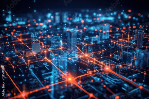 Wallpaper Mural A futuristic cityscape with illuminated buildings and interconnected pathways, showcasing a vibrant digital network. Torontodigital.ca