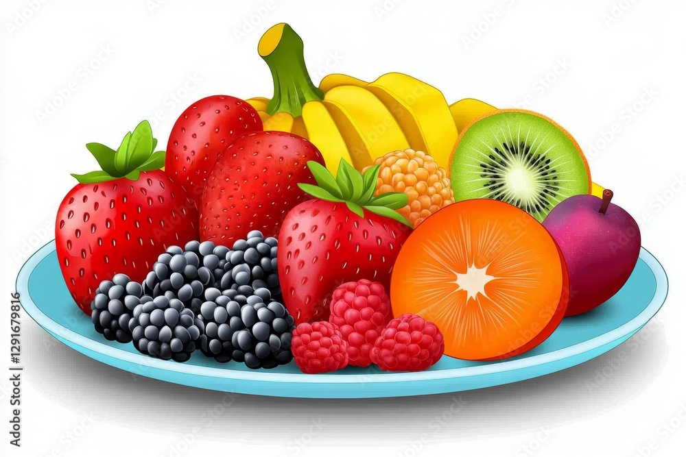 a 2D cartoon illustration of a fruit platter with a variety of fruits, colorful and juicy, white background a 2D cartoon illustration of a fruit platter with a variety of fruits, colorful and juicy, white background