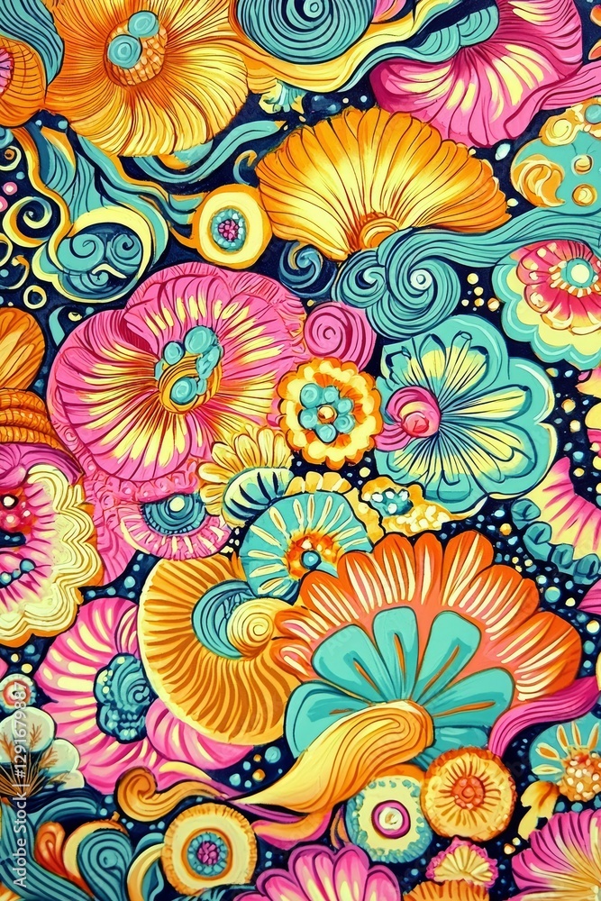 Psychedelic Floral Pattern Vibrant Abstract Textile Design with Bold Colors and Swirls Psychedelic Floral Pattern Vibrant Abstract Textile Design with Bold Colors and Swirls