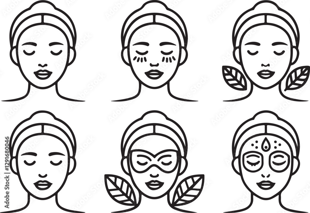 Beauty mask line art vector icons set, woman natural beauty spa editable stroke outline illustration. Isolated on a white background. Beauty mask line art vector icons set, woman natural beauty spa editable stroke outline illustration. Isolated on a white background.