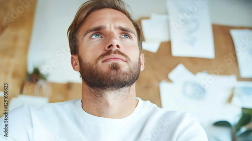 Pensive businessman gazing upward, contemplating strategic workplace decisions