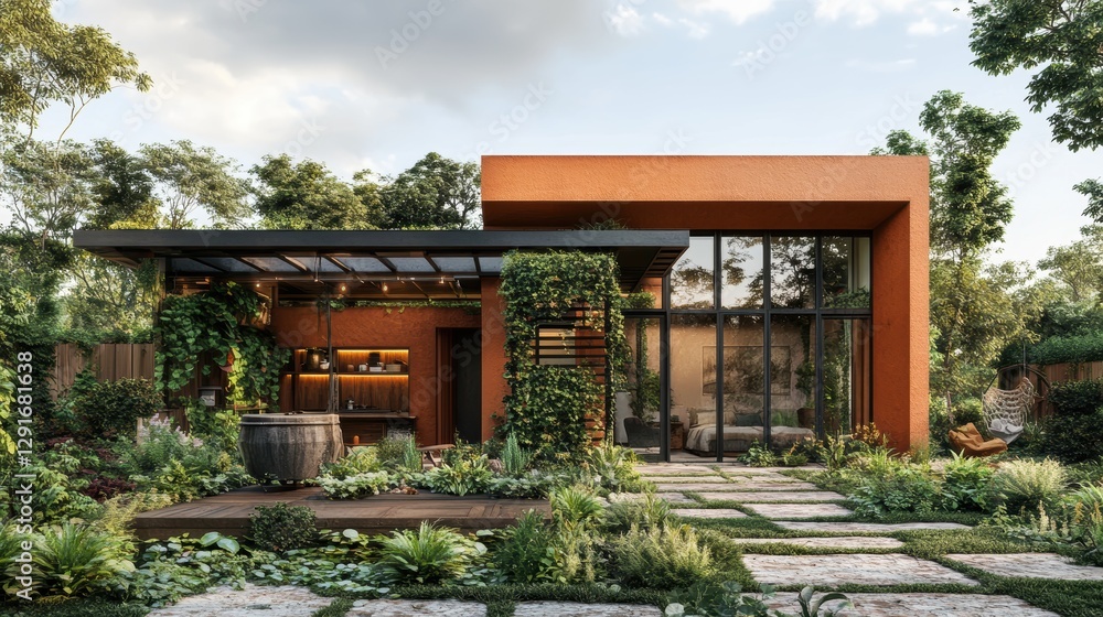 Modern eco-friendly house with garden and greenery in a serene natural environment Modern eco-friendly house with garden and greenery in a serene natural environment