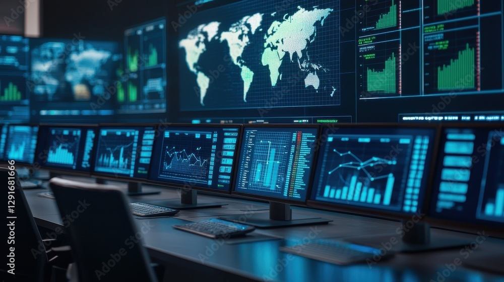 A high-tech control room filled with multiple screens displaying data visualizations, global maps, and analytical graphs. A high-tech control room filled with multiple screens displaying data visualizations, global maps, and analytical graphs.