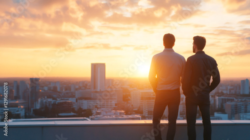 Businessmen standing on rooftop, silhouetted against golden sunset, urban landscape sprawling beneath dramatic evening sky