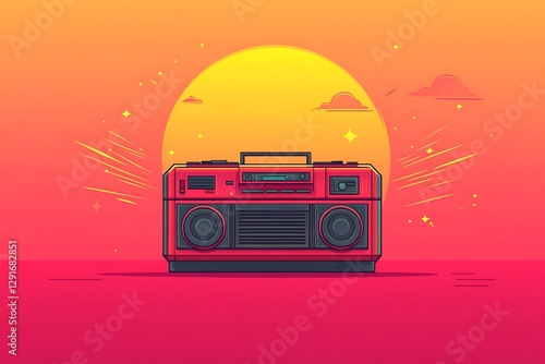 Retro boombox in vibrant sunset with stylized clouds, evoking nostalgia and summer vibes