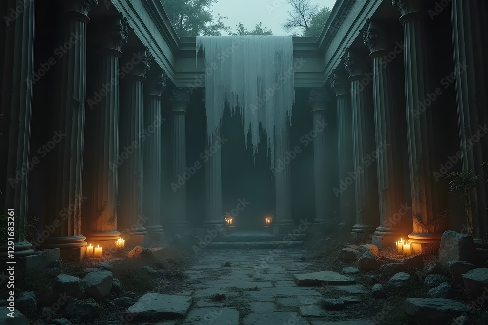 Obraz premium An abandoned temple with its veil torn in half, the ruins dimly lit by flickering candles.