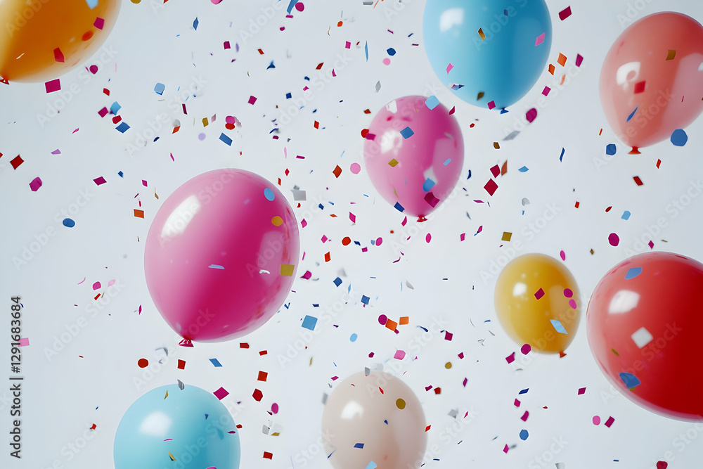 Colorful balloons and confetti falling on a white background, ideal for celebrations and events Colorful balloons and confetti falling on a white background, ideal for celebrations and events