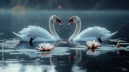 Fototapeta Naklejka Na Ścianę i Meble -  Elegant swans swimming together amidst lilies serene lake nature photography tranquil environment close-up view