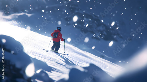 Skier Skiing Off-Track on Snowy Alpine Slope UHD Stock Image