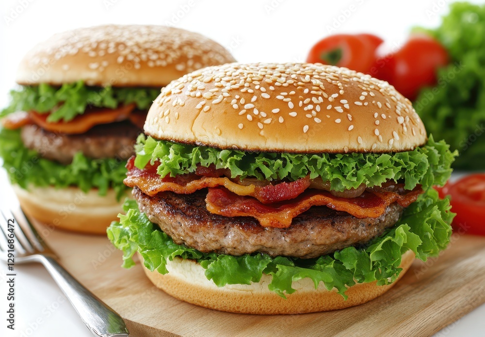 Delicious gourmet hamburger with crispy bacon, fresh lettuce, and ripe tomato on a wooden cutting board, perfect for food lovers and restaurant menus Delicious gourmet hamburger with crispy bacon, fresh lettuce, and ripe tomato on a wooden cutting board, perfect for food lovers and restaurant menus