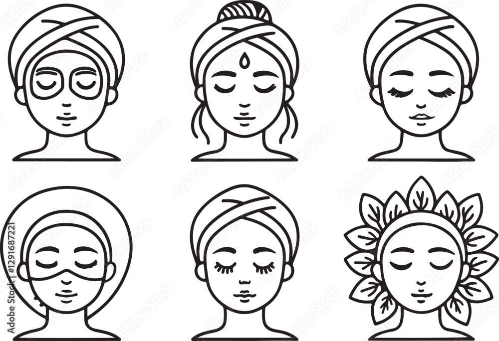 Woman beauty mask line art vector icons set, female salon beauty editable stroke outline illustration. Isolated on a white background. Woman beauty mask line art vector icons set, female salon beauty editable stroke outline illustration. Isolated on a white background.