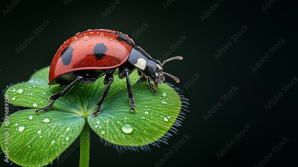 Fototapeta premium Ladybug adventure on a dewy leaf in nature's garden close-up perspective vibrant colors