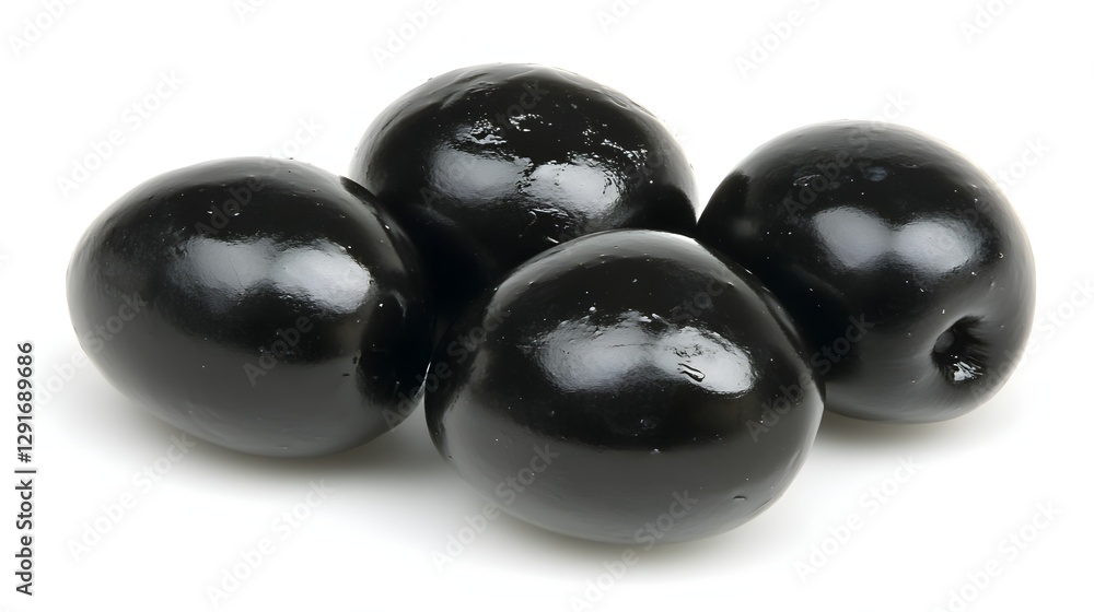 Close-Up of Fresh Black Olives Isolated on White Background Displaying Glossy Surface Texture Close-Up of Fresh Black Olives Isolated on White Background Displaying Glossy Surface Texture