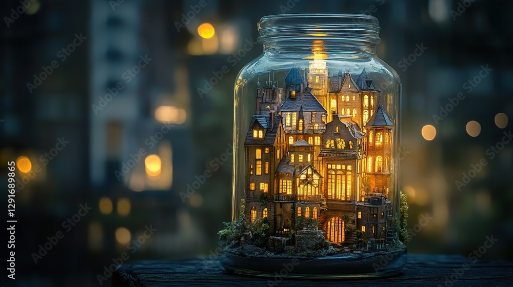 Miniature city in jar at night Miniature city in jar at night