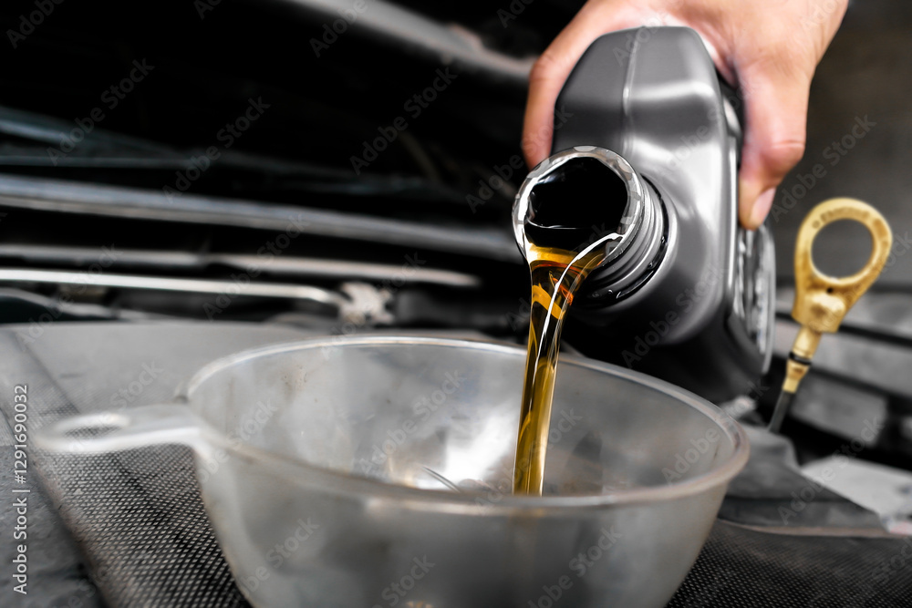 Pouring motor oil during car maintenance , The mechanic poured engine oil into a funnel on the engine oil fill port , Car maintenance concept