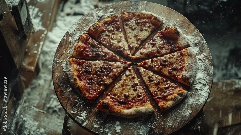 Sliced pizza on wooden board, flour dusted, dark background, artisanal Sliced pizza on wooden board, flour dusted, dark background, artisanal